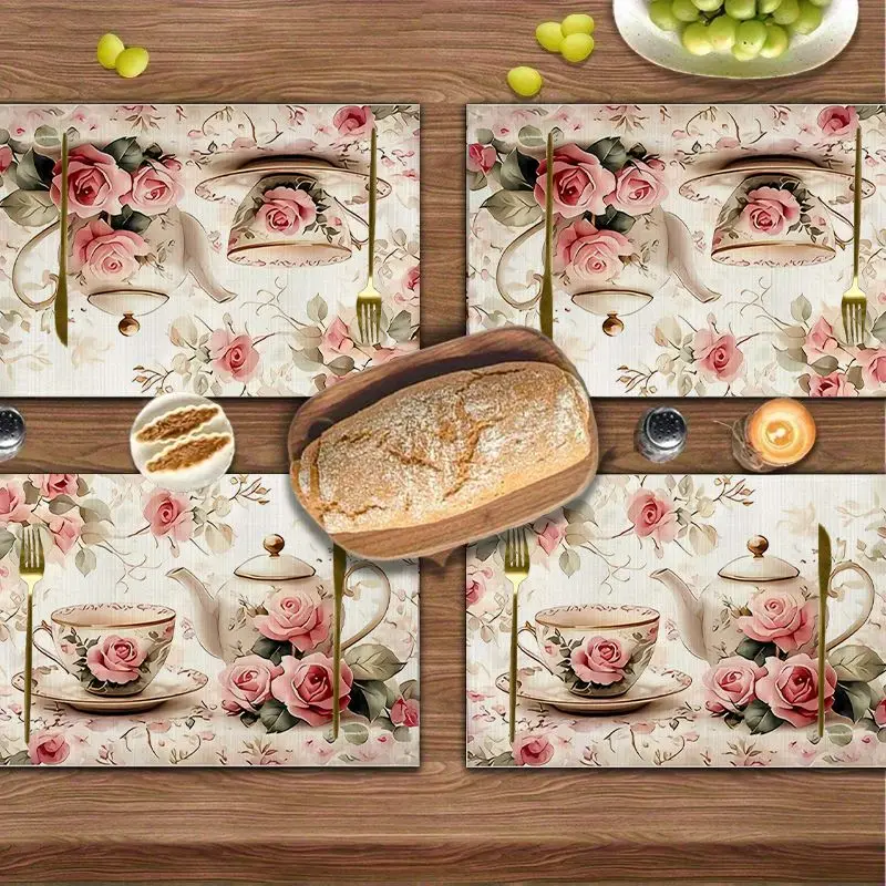4Pcs, French-Style Rose Tea Set Vintage Placemats, the Best Placemats, Washable, Suitable for Holiday Parties, Home Decor, Kitchen Countertops, Rectangular Dining Rooms, Make Your Dining Room and Kitchen More Beautiful, a Birthday Gift and Housewarming Party Gift for Family and Friends