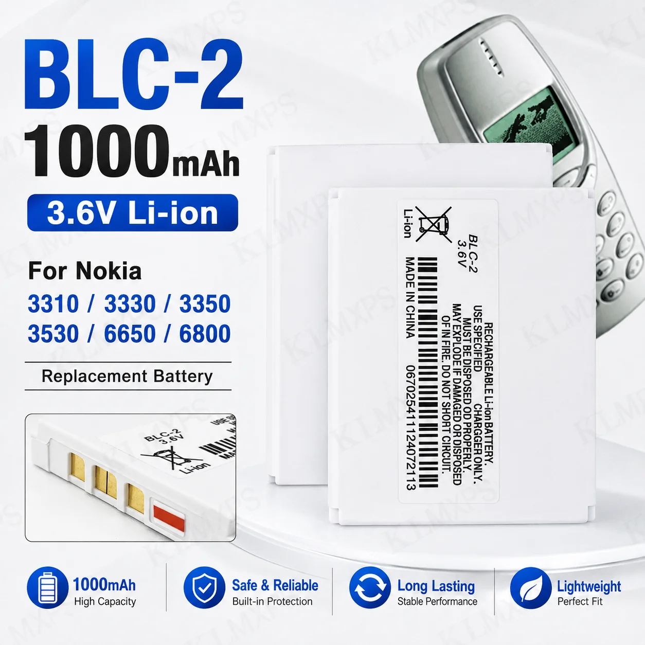 BLC-2 Battery 1000mAh 3.6V Li-ion Replacement Battery Compatible with Nokia 3310 3330 3350 3530 6650 6800 Mobile Phone