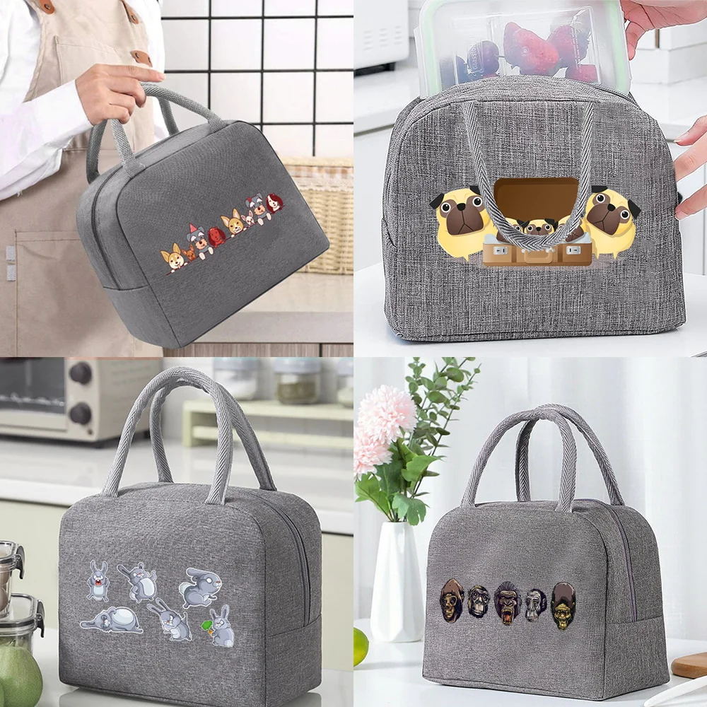 

Functional Portable Lunch Bag Insulated Canvas Cooler Thermal Food Picnic Lunch Bag for Women Kids Grey Cartoon Pattern Sreies