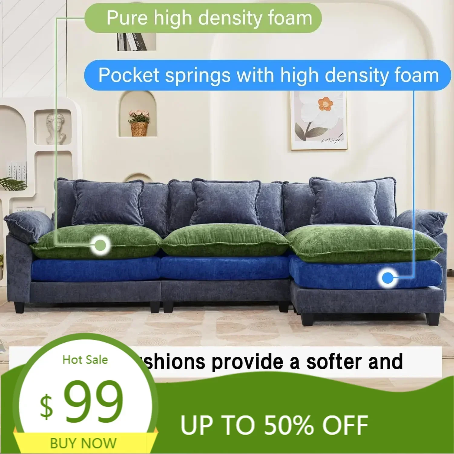 

«120-дюймовый удобный секционный диван в форме облака с пуфиком и синельным диваном для сна с глубоким сиденьем и подушками».