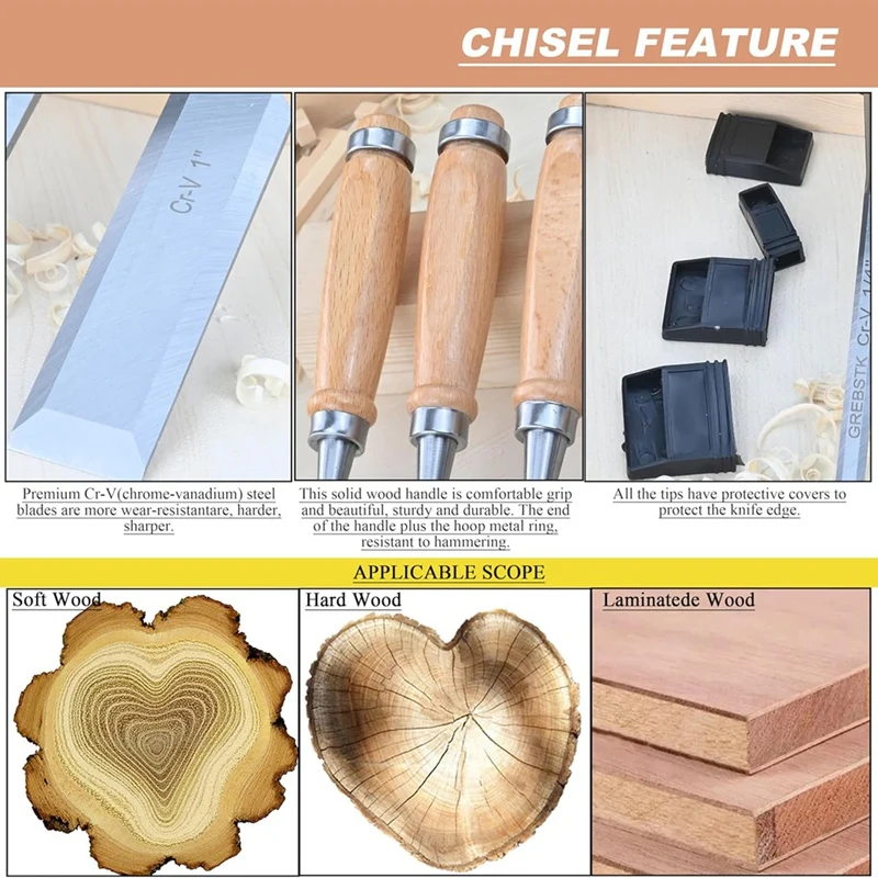 مجموعة إزميل خشبية مكونة من 4 قطع من DIDI لأعمال النجارة، أزاميل من الفولاذ الفاناديوم الكروم مع غطاء، مقبض عالي التأثير من خشب الزان