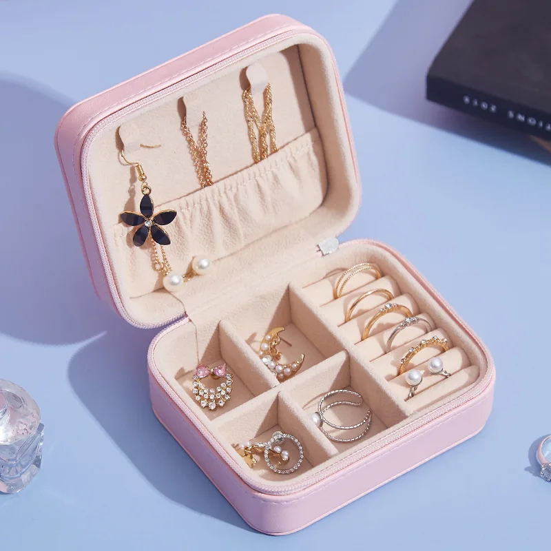 Mini Jewelry Organizer Display Travel Jewelry Zipper Case Boxes Earrings Necklace Ring Portable Jewelry Box PU Leather Storage