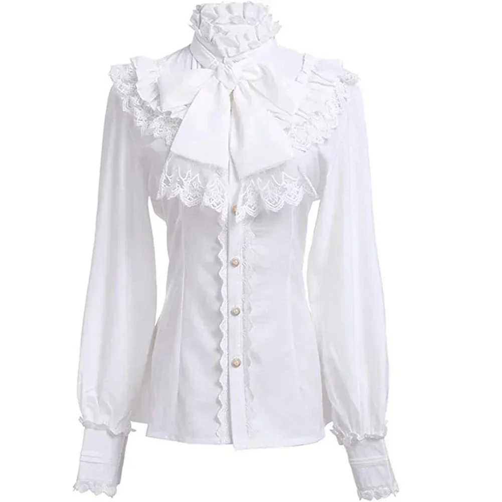 New Vintage Victorian Ruched Lace Shirts And Blouses Gothic Lolita Long Sleeve Ruffles Solid Black White Tops Shirt For Women