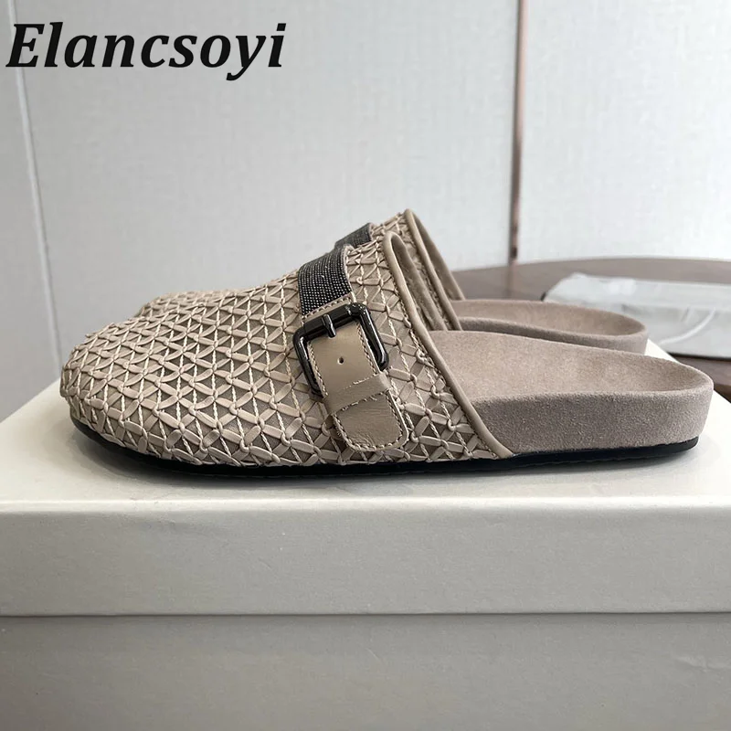 Women's Woven Hollow Flat Slippers with Thick Sole Half Toe Leather Casual Shoes Comfortable Outdoor Walking Slippers in Summer