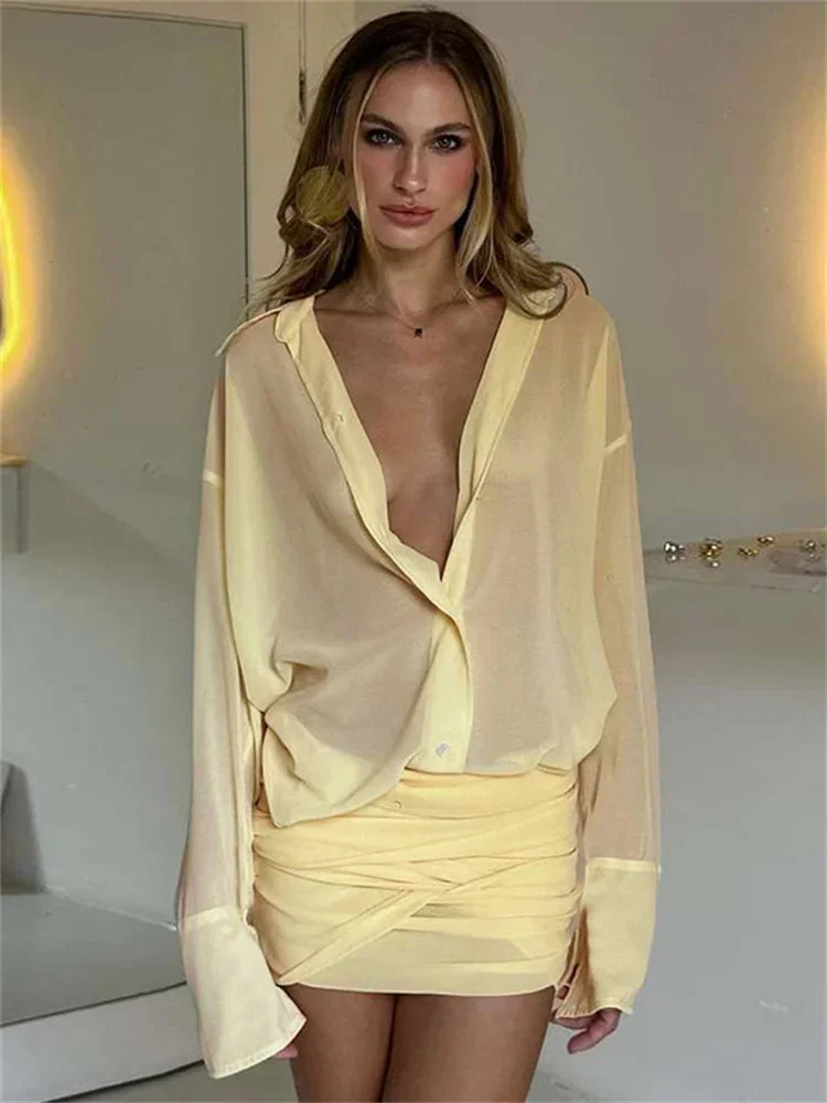 Minivestido transparente de manga larga para mujer, vestido ajustado liso elegante con solapa a la moda para ir al trabajo