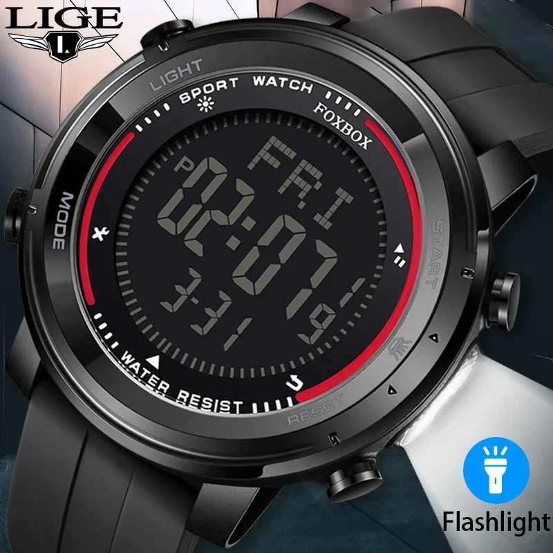 LIGE Digital Watches Sports LED Flashlight Wristwatches Men's 50m Waterproof Watch Digital Light Stopwatch Military Watch Men