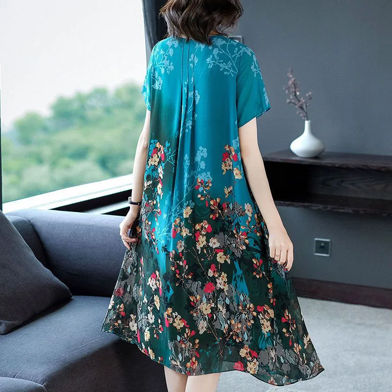 Elegant O-Neck Printed Spliced Loose Folds Floral Dress Women's Clothing 2024 Summer New Office Lady Midi Dress