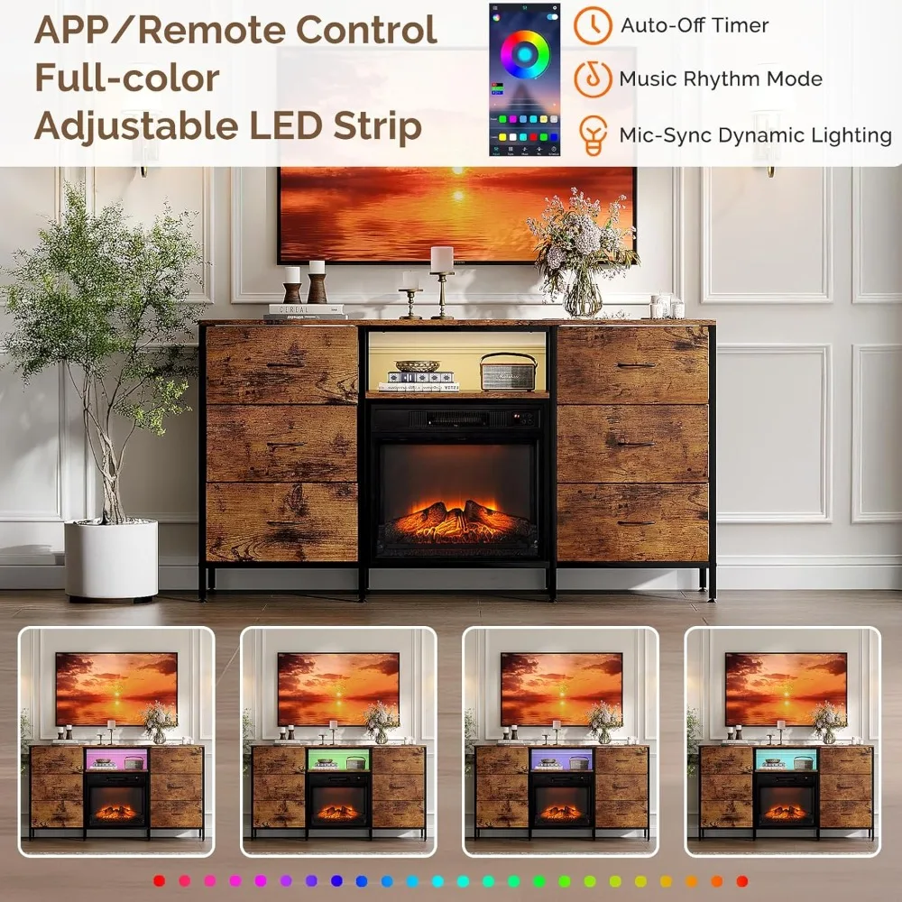 حامل تلفزيون Bonnlo 58 مدفأة مع أدراج قماش وأضواء LED، سخان مدفأة كهربائية، مركز ترفيه حديث مع مفتوح