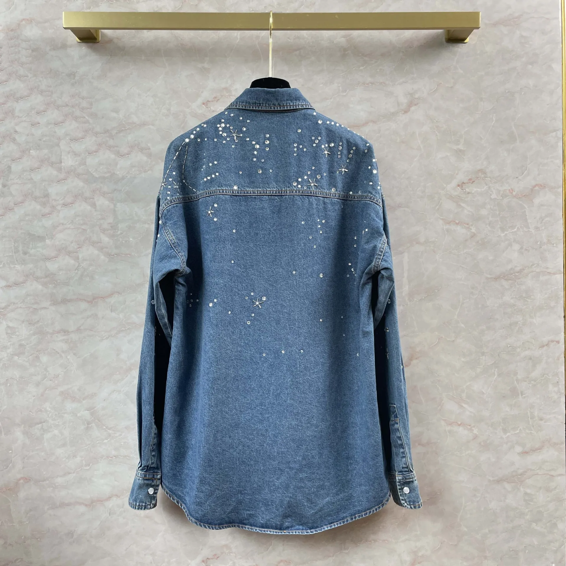 24High Quality Heavy Industry Handmade Diamond Wearing Craft Denim Shirts for Men and Women Loose and Slimming Shirt Coat Trendy