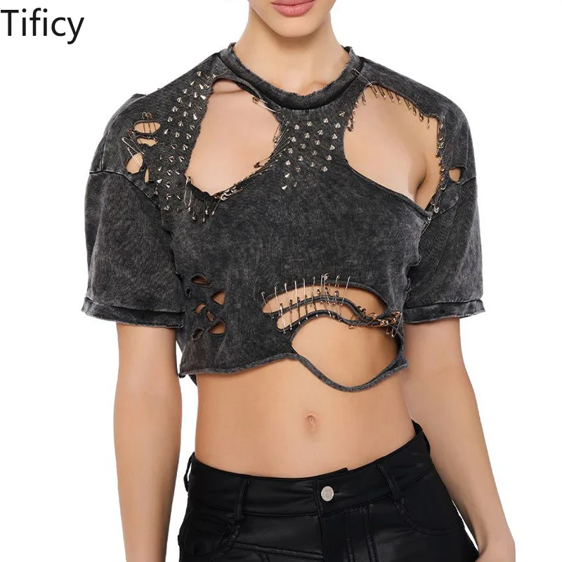 TIFICY Personalized Trendy Crop Tops Summer New Women's  Round Neck with Perforated Hollow Panel Design Short T-shirt