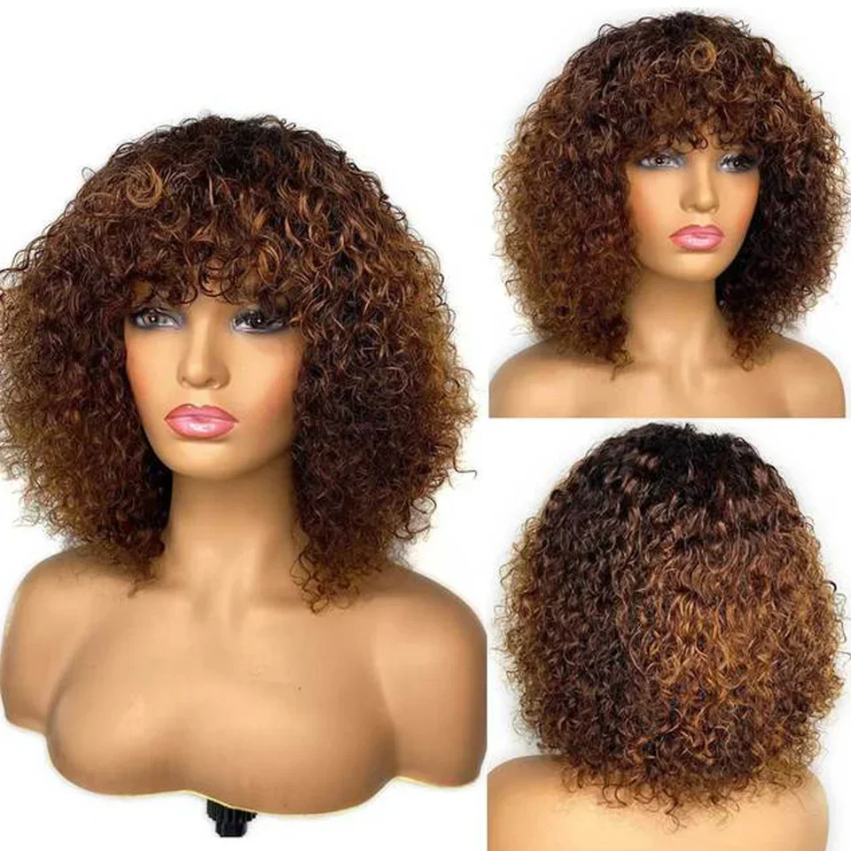 

Brown color Short Pixie Curly Bob Cut Human Hair Wigs With Bangs Weat to go Jerry Curly Wig Highlight Colored Wigs For Women