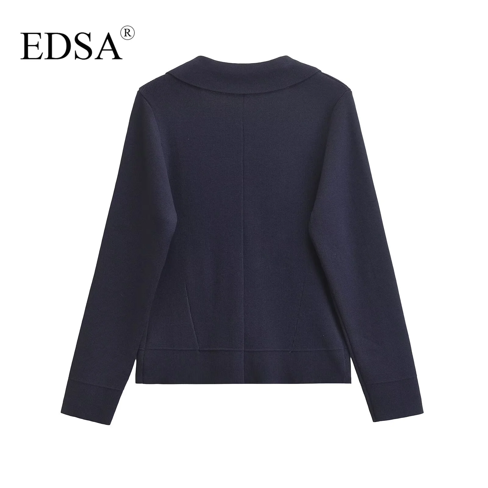 EDSA Women Knitted Blazer with Flower Buttons Jacket with Lapel Collar Long Sleeves for Female Autumn