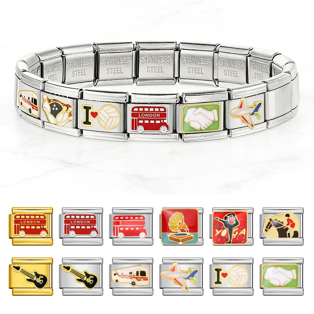 2026  New Fashion Sports Riding Dancing Bus Airplane Italian Link fit 9mm Stainless Steel Charm Bracelets DIY Making Jewelry