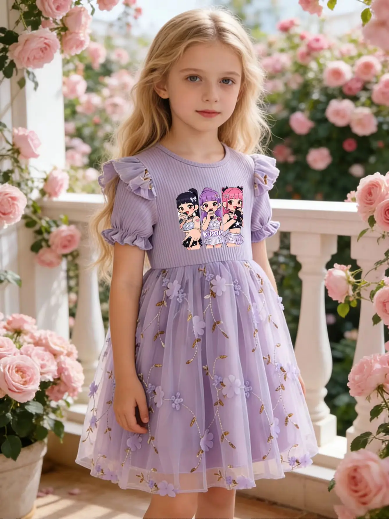 Ins-Style Mädchenkleid, geripptes Oberteil mit Flatterärmeln + Tüllrock mit goldfarbenen Kirschblüten – Detail 1