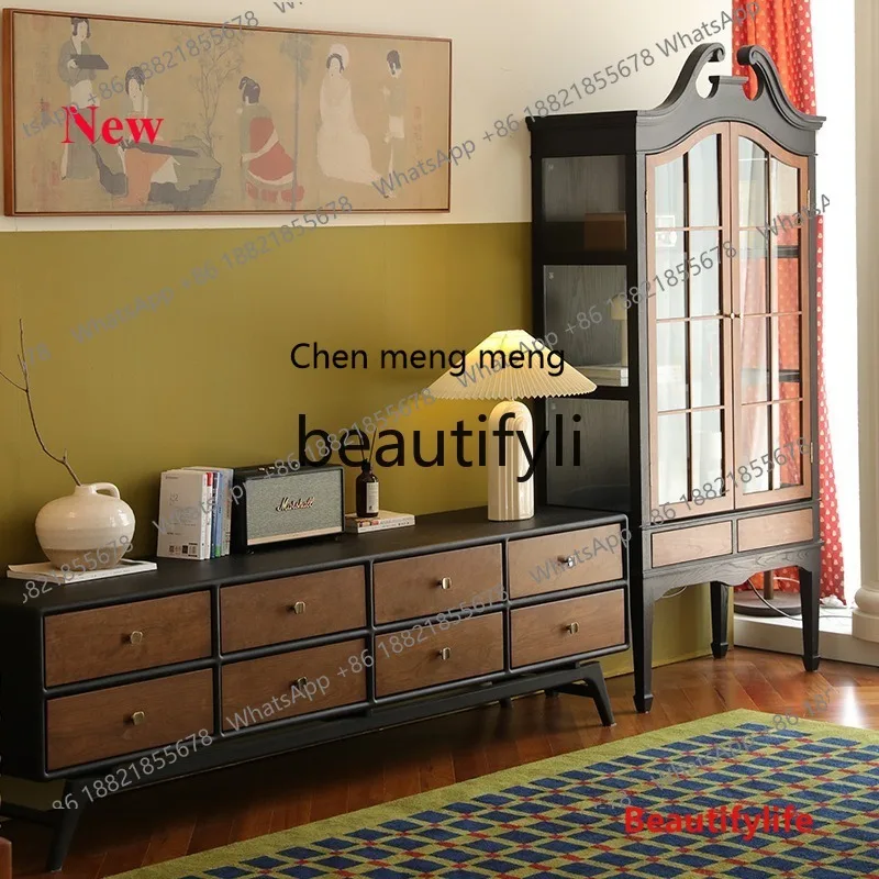 cn8350 ss American Retro Style Matte Black Solid Wood TV Cabinet Cherry Wood Double Color Display Cabinet Simple Storage Chest