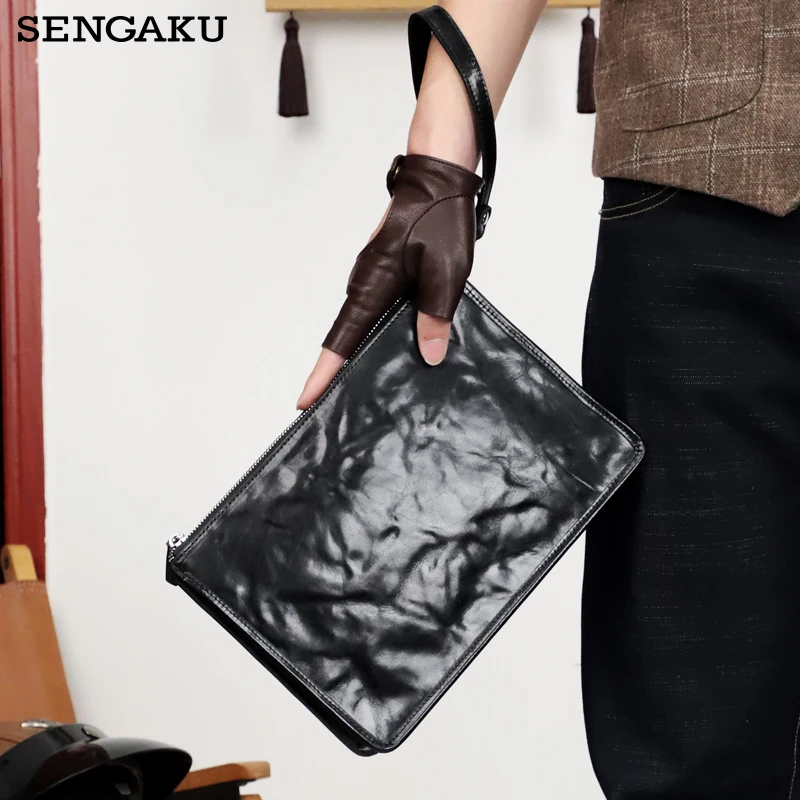 

Men's Cowhide Clutch Bag High Quality Black Color Wristlet Bag Simple Genuine Leather Business Handbag Long Money Pouch
