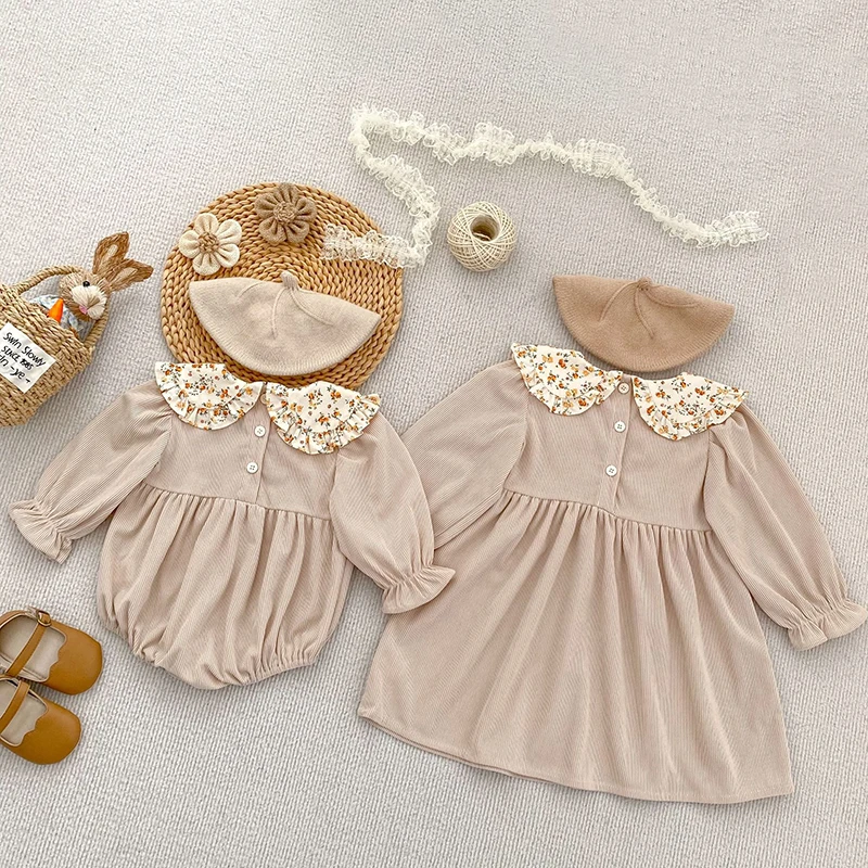 Neue Herbst Kinder Kleidung Schwestern Mädchen Party Prinzessin Kleid Cord Blume Kragen Kleid Baby Mädchen Strampler Kinder Schwestern Kleider – Detail 10