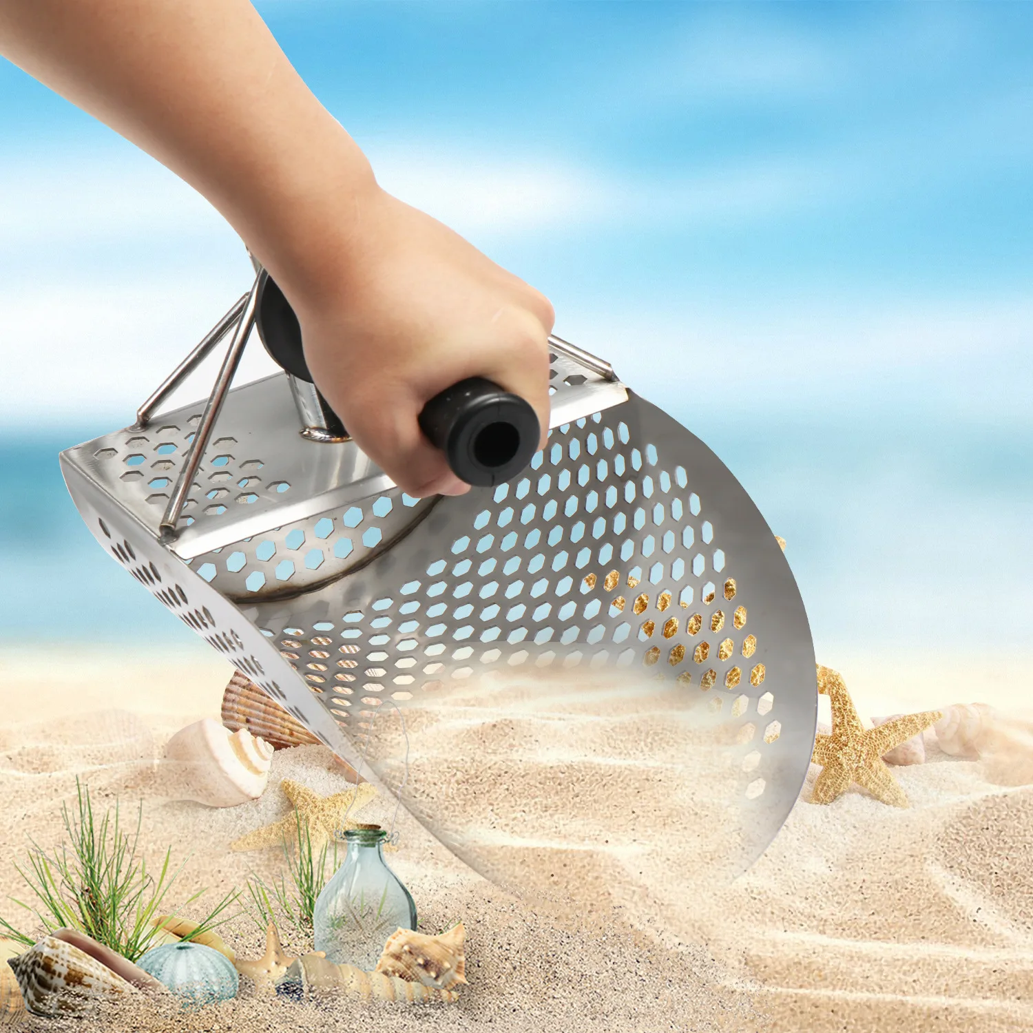 U50 Stainless Beach Sand Scoop Metal Detecting with Handle Tool Fast Sifting Metal Detector Treasure Hunting Shovel Tool