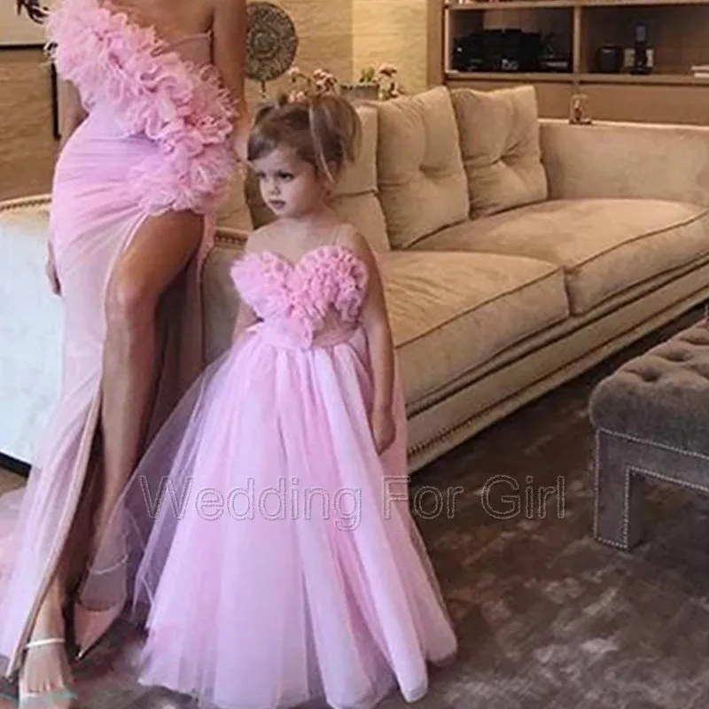 

Formal Pink Ruffles Tulle Flower Girl Dresses For Wedding Girls Pageant Gowns Mother And Daughter Formal Party Dress Custom Mad