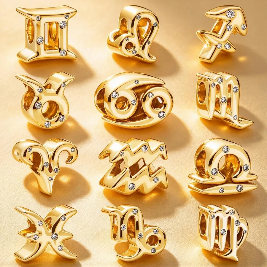 New Classic Leo Aries Virgo 12 Signs Of The Zodiac Light Zircon Charm Beads Fit Original 925 Silver Bracelets Jewelry DIY Gifts