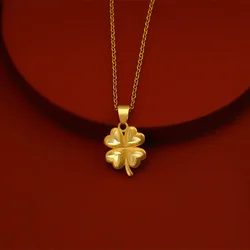 Real 18K Gold Color Lucky Clover Pendant Necklace for Women Men Fine Jewelry Genuine Solid Gold for Women Wedding Luxury Jewelry