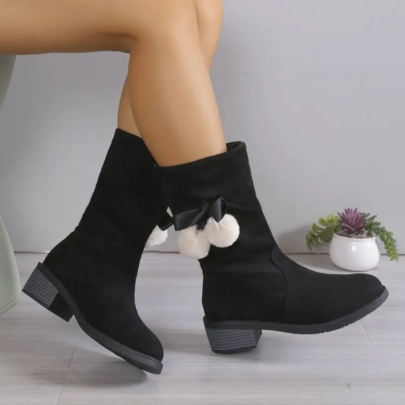 

New Women Low Heel Mid-calf Winter Boots Fashion Round Toe Fluffy Snow Boots With Bowknot Loveliness Warmth Female Plus Size 43