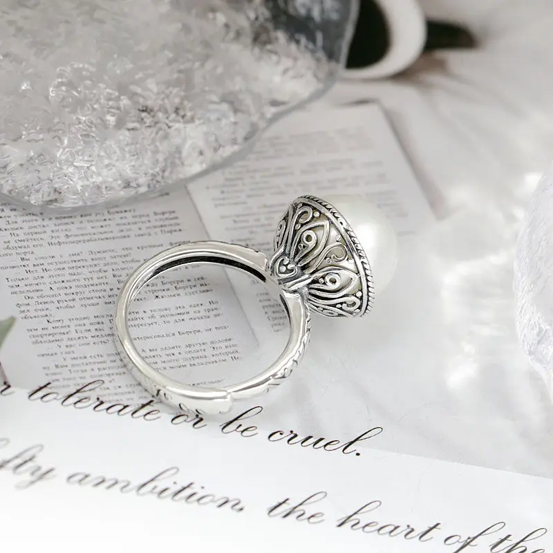 Authentic 925 Sterling Silver Open Ring Inlaid Trendy Imitation Pearl Exquisite Patterns Vintage Style Ring Exquisitely  Gift