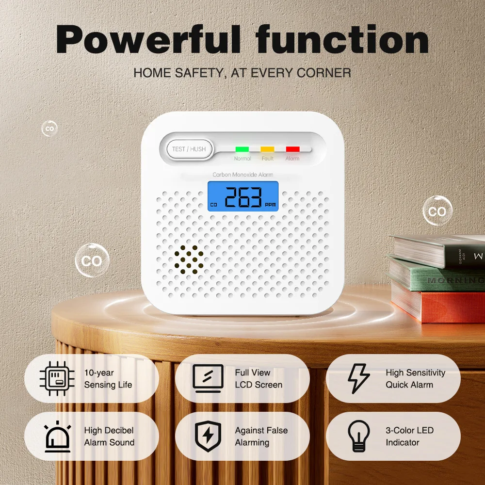 Capteur de monoxyde de carbone avec Wi-Fi, alarme de monoxyde de carbone, détecteur de CO interconnecté, écran LCD Full View, batterie de très grande capacité