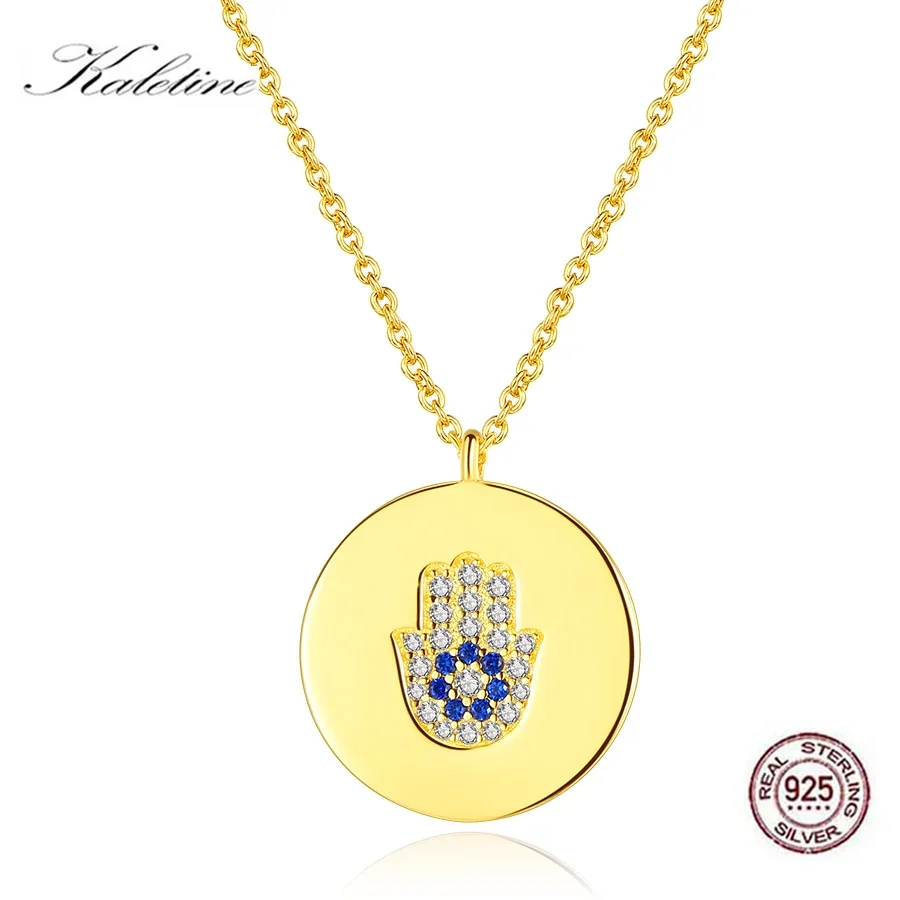 

KALETINE Real 925 Sterling Silver Women Evil Eye Necklace Women Hand Hamsa CZ Round Pendant Custom Necklace Turkey Jewellery