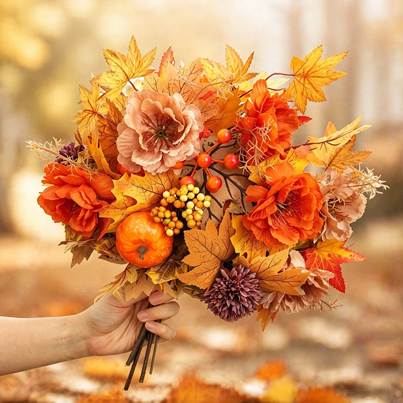 2026 Herbstdekoration Künstliche Herbstblumen Kunstseiden-Rosen-Sonnenblumen-Bouquet für Heim-, Hochzeits-, Garten- und Tischdekoration – Detail 1
