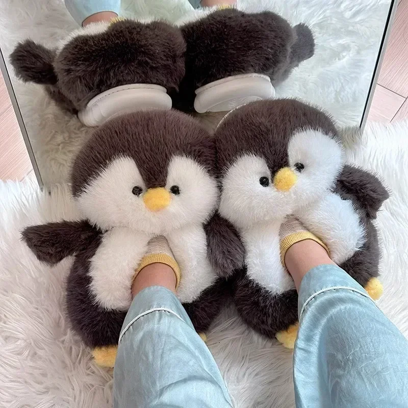 Paquete de zapatillas de algodón con pingüino de dibujos animados para mujer, zapatos de casa de fondo suave antideslizantes con parte inferior gruesa de felpa, calidez interior para invierno