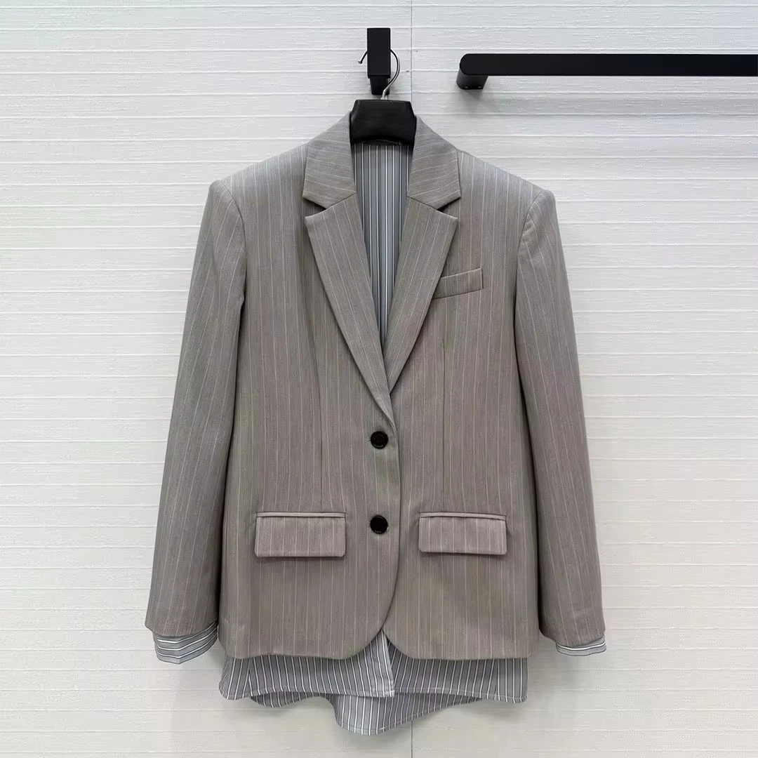 French Elegant Fashion Fake Two Pieces Stripes Blazer Suit Women Notched Long Sleeve Single Breasted Chic Loose Casual Jacket