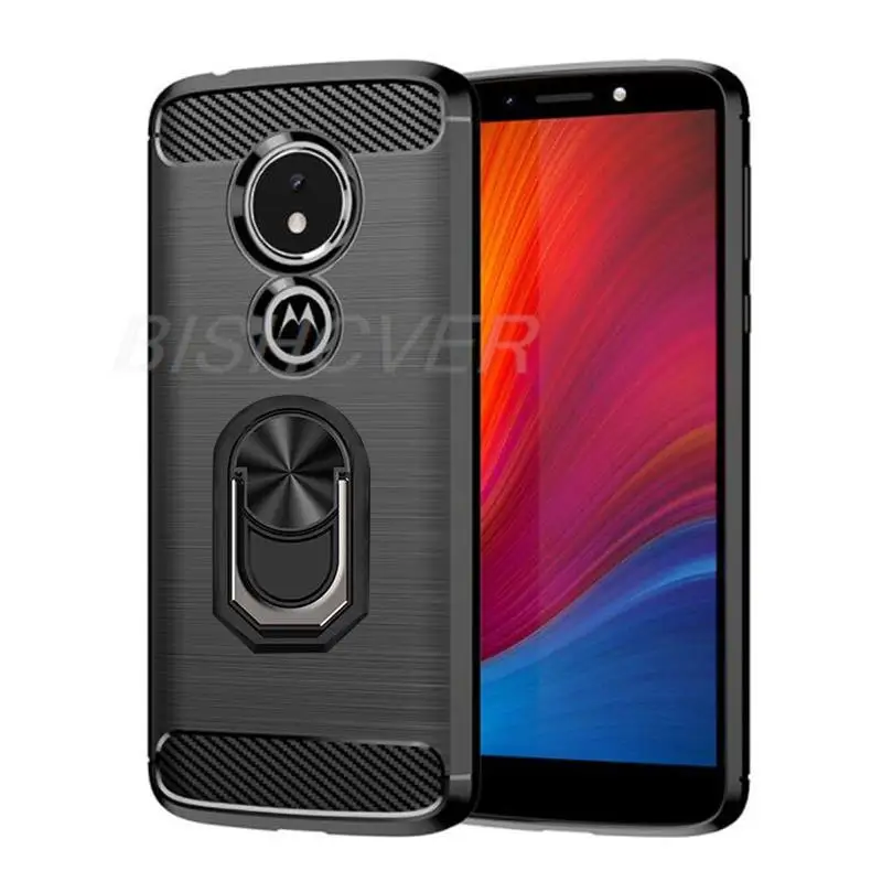 Carbon Fiber Brushed Shockproof Soft Cover For Motorola Moto G7 E5 Plus Z2 Force Z3 Z4 Play Magnetic Ring Holder Case