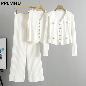 בציר רזה סרוג 3 חלקים ערכות נשים קרדיגן ו-צוואר vests צמרות על המותניים גבוהה קוריאני סריגי מכנסיים רחבים