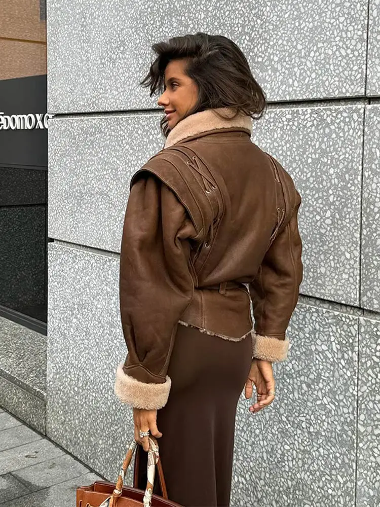 Fashion Brown Lace Up Plush Patchwork Jacket Chic Lapel Long Sleeve Slim Coat With Belt 2024 Winter Female High Street Outwear