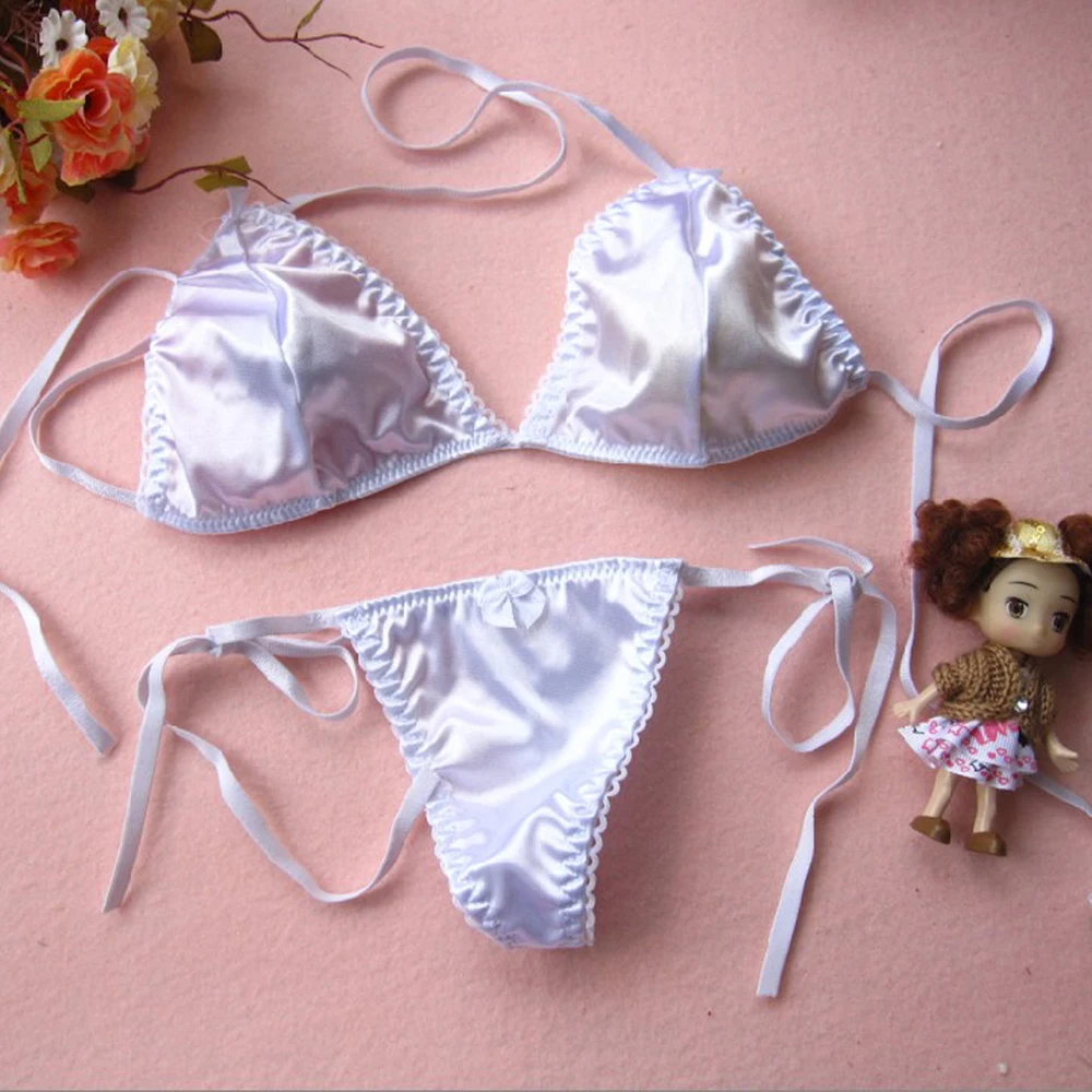 Sexy Womens Satin Silk Thong Underwear Bra Panties T-back Lace Up Lingerie Bikini Summer Alluring Bra Set Ultra-thin Comfy image 2