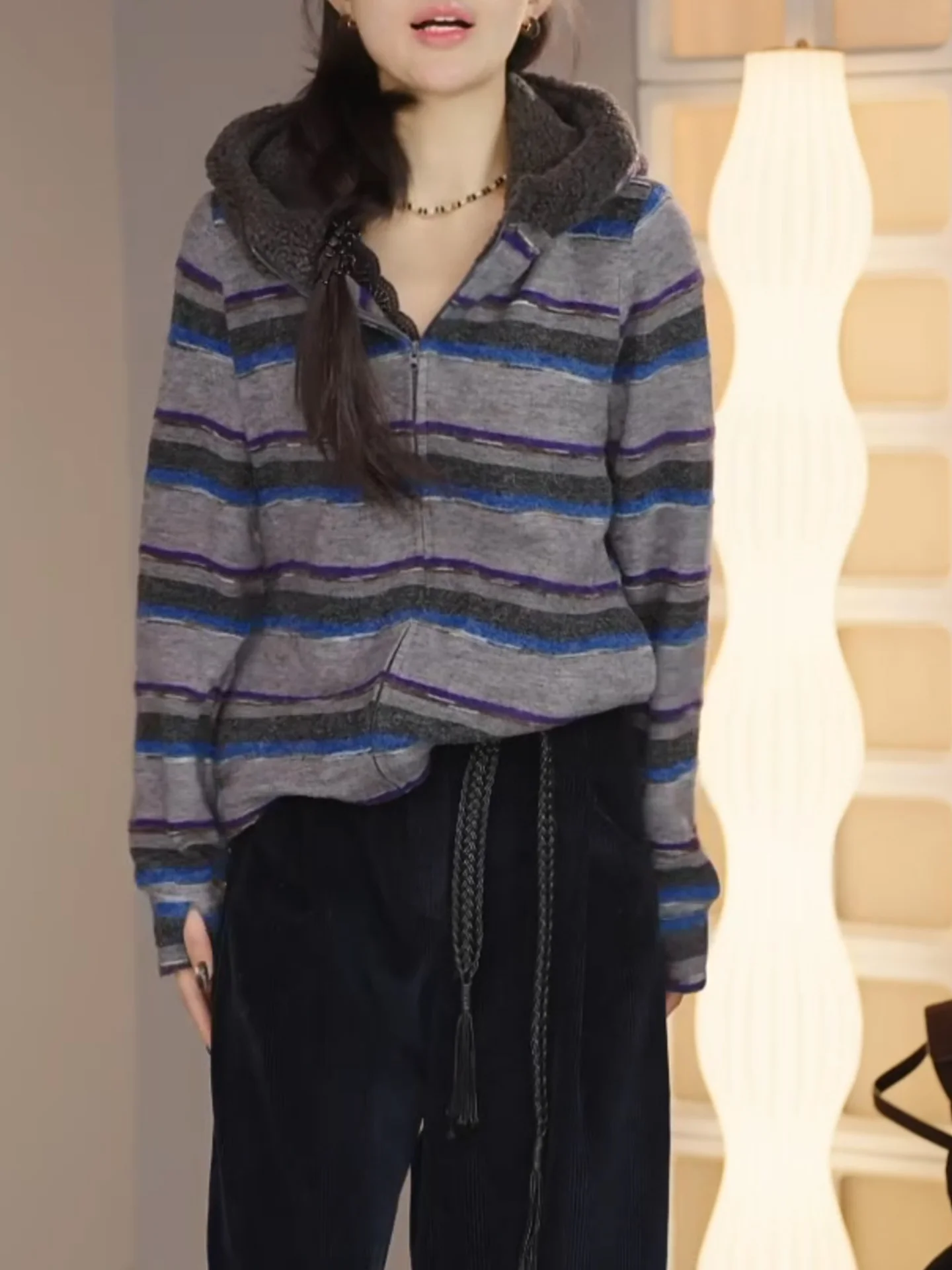 

Ретро-кардиган в полоску с капюшоном, теплый, женский, с длинными рукавами, осенне-зимний, новый, больших размеров, повседневная толстовка-куртка