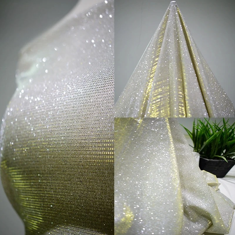 

Composite Mesh Fabric Gold Gradient Illusory Color Reflective Elastic Wedding Dress Designer Diy Sewing By The Meter