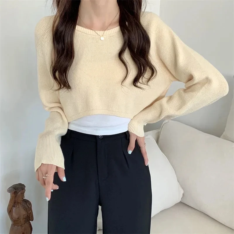 Pull court vintage à col rond pour femme, manches longues, style streetwear, couleur unie, simple, 2023