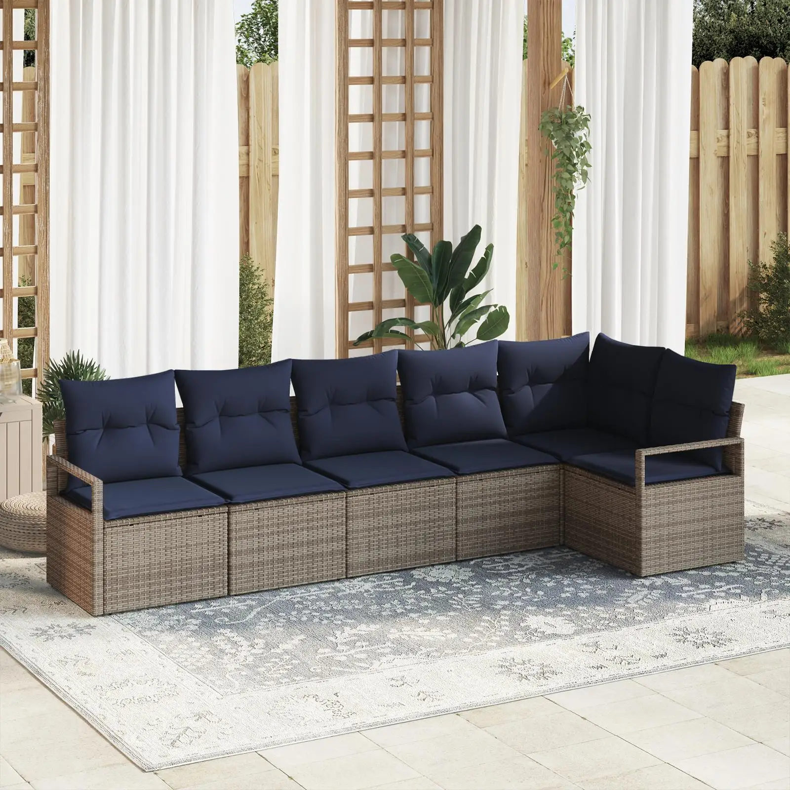 

Light Grey Poly Rattan 6 Piece Garden Sofa Set with Soft Cushions Modern Outdoor Furniture