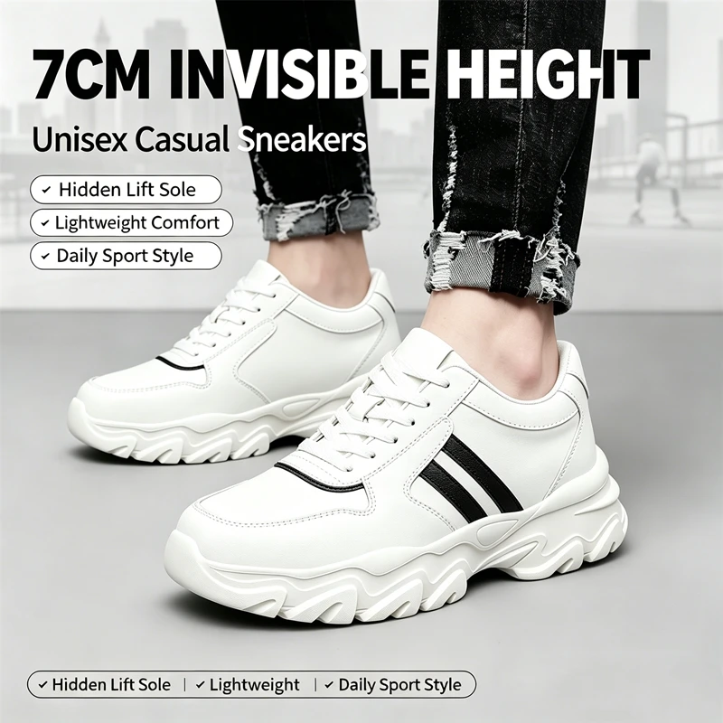 7CM Hidden Height Increase Dad Shoes Unisex Leather Platform Sneakers Light Comfort Anti Slip Casual Walking Trainers For Daily