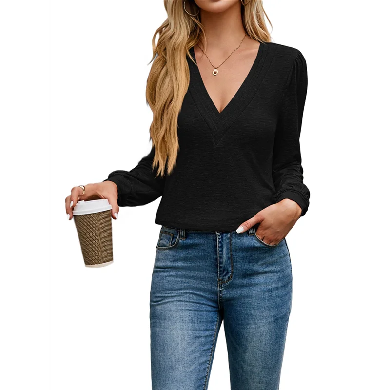 ABUM-المرأة الخامس الرقبة طويلة الأكمام بلايز متأنق قمصان الخريف عادية نفخة الأكمام فضفاضة تونك العصرية بلايز البلوزات