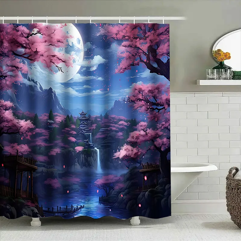 ‌ أزهار الكرز اليابانية الساحرة ليلة القمر الكامل ‌ ‌ يفتن مشهد ستارة دش مقاومة للماء ديكور الحمام