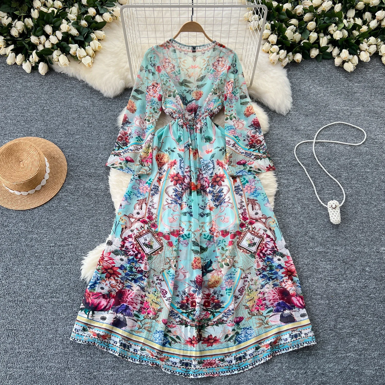 Sexy Chic V Neck Flare Long Sleeve Print Split Dress Elegant Korean Fashion Slim Summer Vintage Dresses