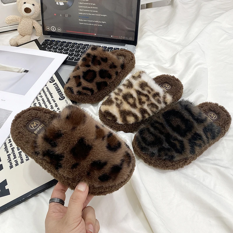 

Children's Leopard Print Plush Slippers Fuzzy Slides Multiple Patterns Indoor Home Footwear Girls' Winter Baotou Warm Slippers