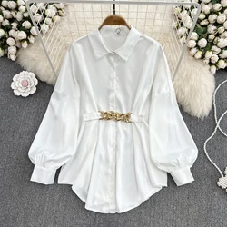 Spring Women Blouses Lantern Sleeve Turn-Down Collar With Belt Female Shirts Vintage Elegant Temperament Ladies Mid-Length Tops