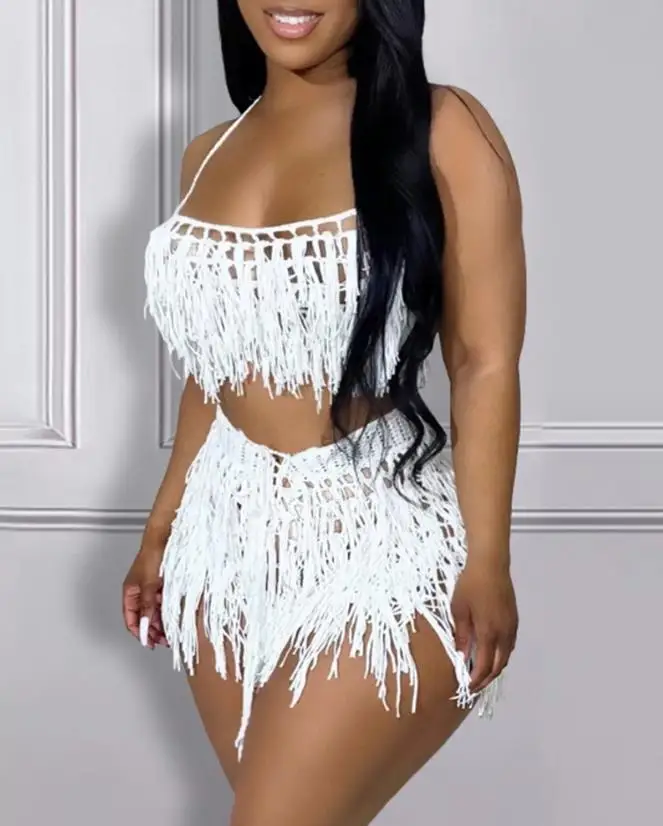 Two Piece Set Women Outfit 2024 Summer Sexy Spaghetti Strap Backless Crop Crochet Top & Tassel Design Beach Vacation Shorts Set