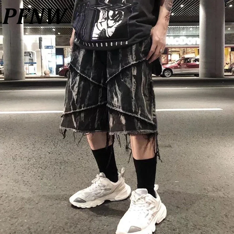 

PFNW Dark Style Men's Denim Shorts Tie Dyed Raw Edge Washed Worn-out Jeans Straight Wide Leg Male Bottom New Summer 12C765