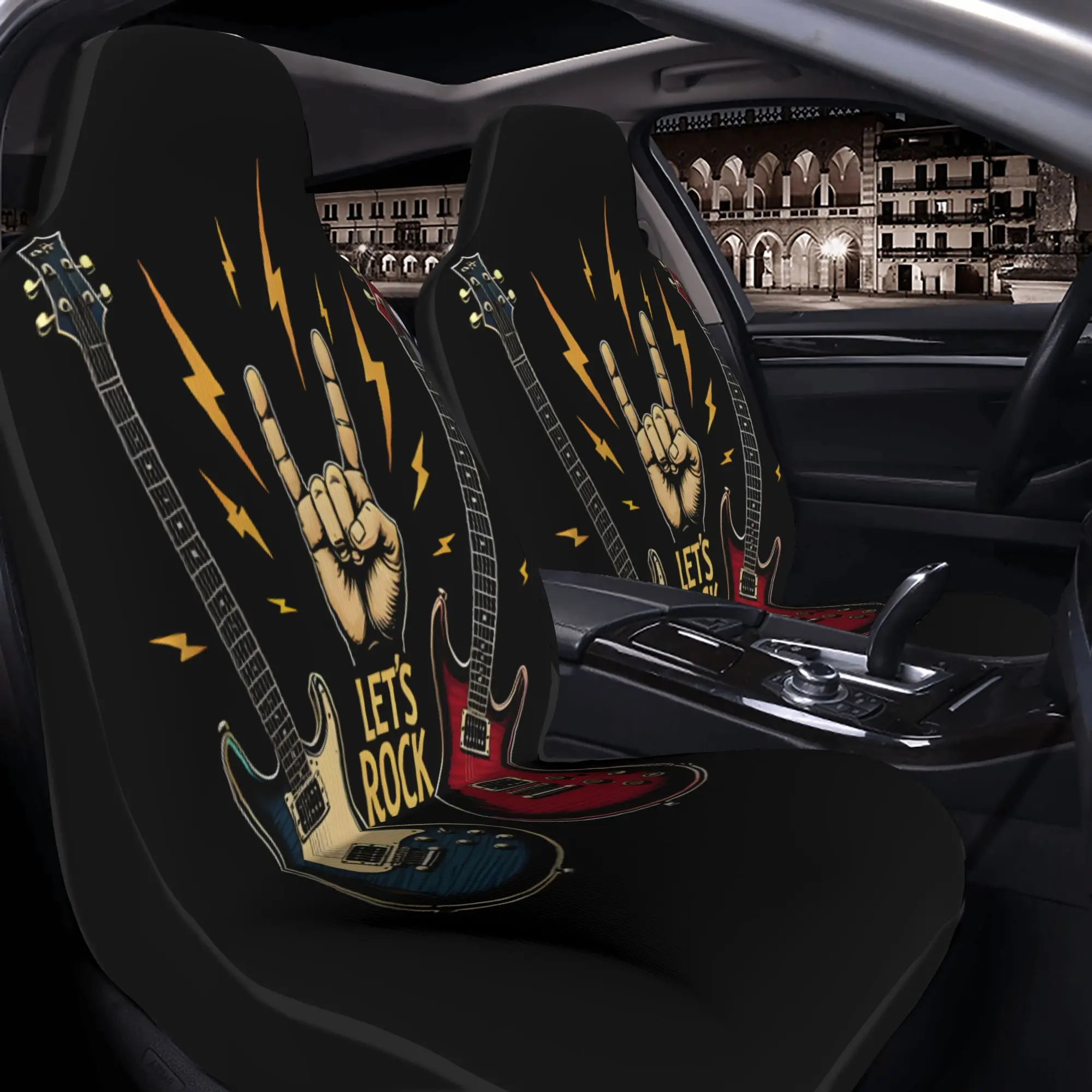 Set Of Two Electric Guitars And A Rock On Sign: Let'S Rock Hard And Loud. These Car Seat Covers Fit For All Vehicles And Make Gr