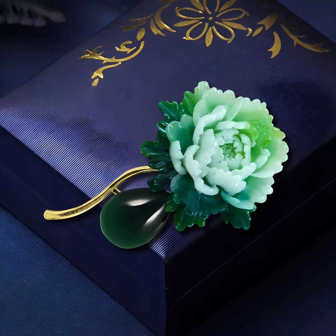 Vintage Resin Stone Green Peony Brooch for Woman Flower Lapel Pins Chinese Style Party Wedding Suit Coat Jewelry Gifts image 2